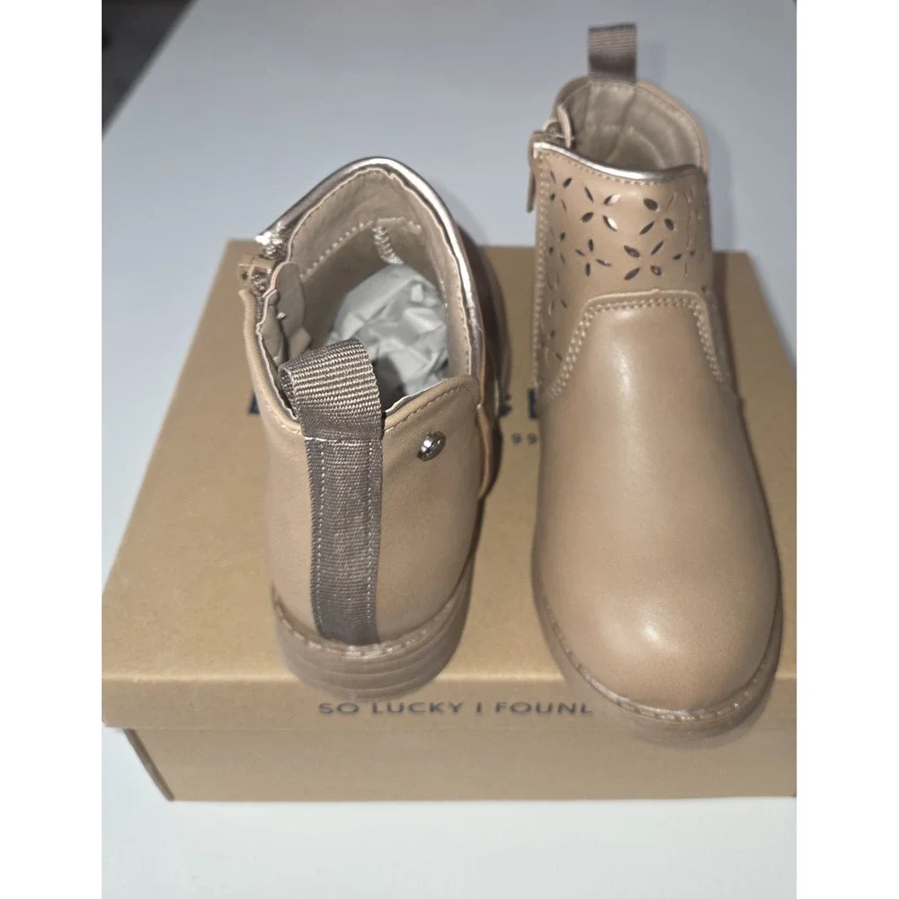 Lucky Brand Tan Floral Laser Cut Ankle Boots Tan Gold Trim Zipper Bootie Size 13